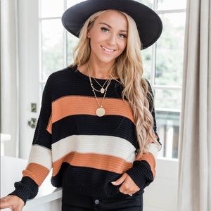 Pink Lily You Know I Adore You Black/White/Rust Orange Knit Sweater, size XS